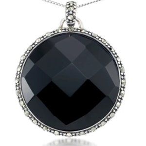 Faceted Onyx & Marcasite Medallion Pendant - BEAUTIFUL